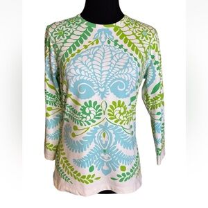 J McLaughlin Smooth Stretch Top Blue Green Print Small S Fitted Shirt Pullover